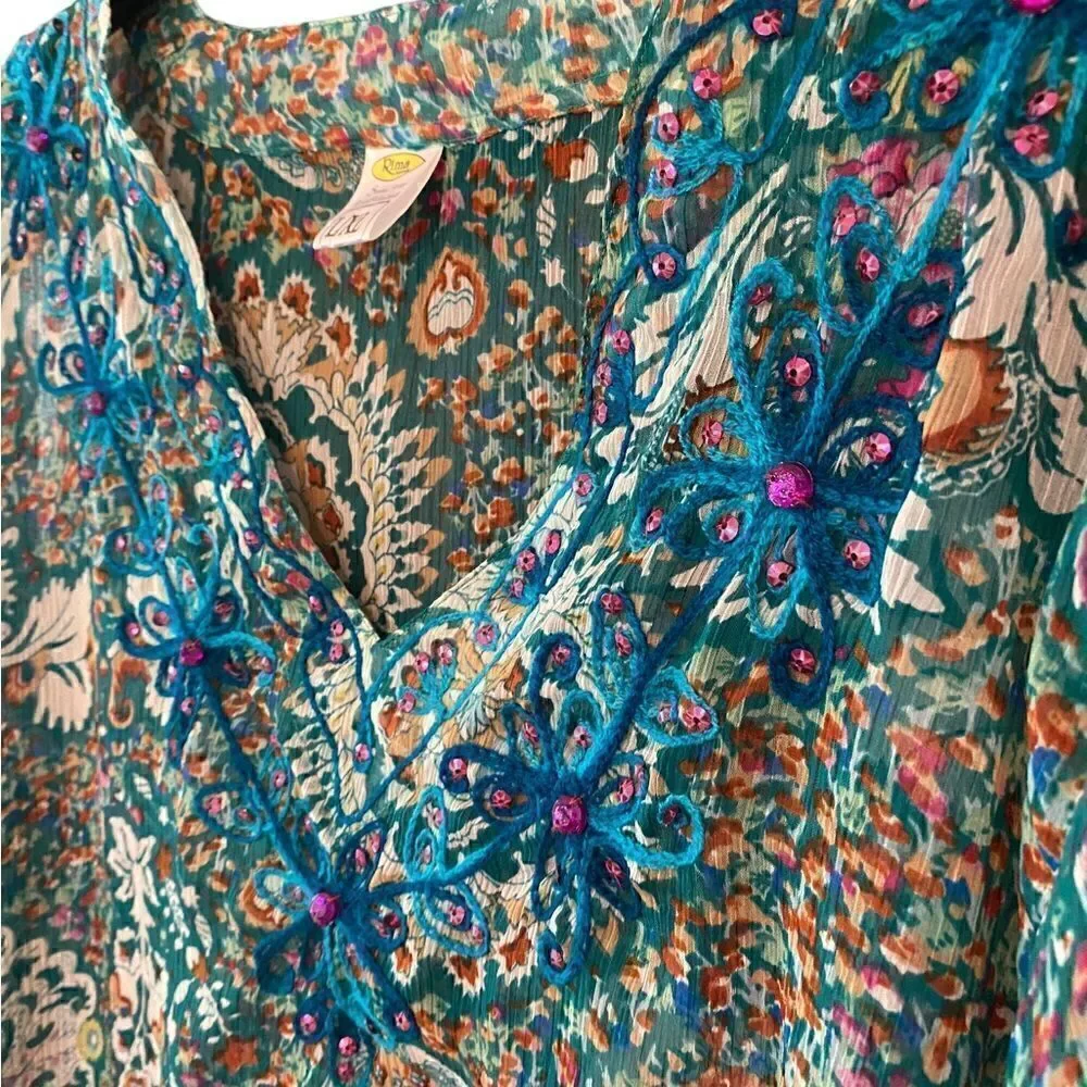 Rima Sz L/XL Teal Green Paisley Floral Sheer Embroidered Collar Beach Swim Cover